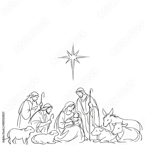 Nativity Scene: Witness the serene depiction of the nativity scene, where faith, family, and the divine converge, as the central figures gather in quiet reverence beneath the guiding star.