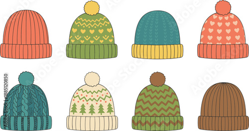 Winter knitted hat collection set cozy beanies with patterns warm seasonal fashion flat vector illustration isolated
