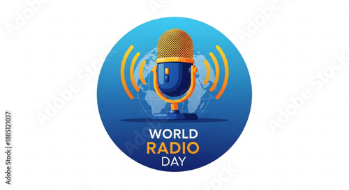 World radio day logo with microphone and sound waves on blue background