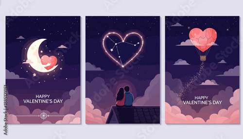 Three romantic Valentine's Day illustrations featuring a glowing moon, a couple under a heart constellation, and a heart-shaped hot air balloon in a starry night sky.