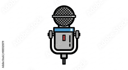 Vintage microphone with mesh grill and stand on white background symbolizing communication and music recording