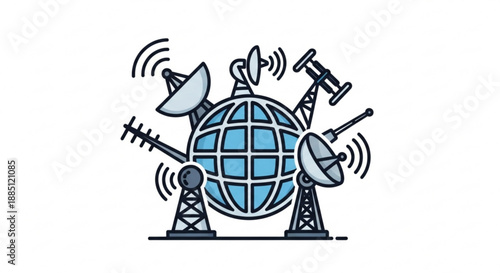 Global communication network with satellite dishes and towers around the earth symbolizing international connectivity and technology