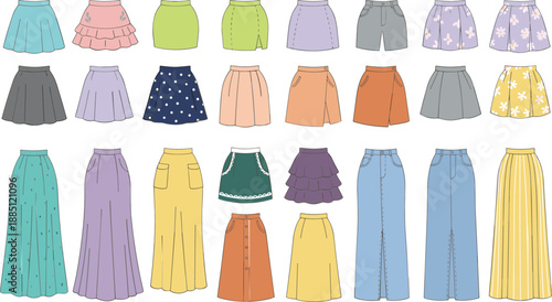 Women skirts and pants fashion collection set colorful casual clothing apparel cartoon flat vector illustration isolated