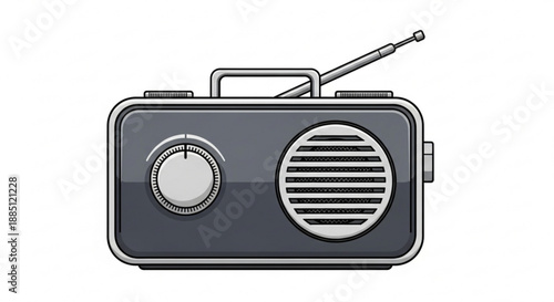 Retro portable radio with antenna on white background gray and silver colors nostalgic device for listening to music and news