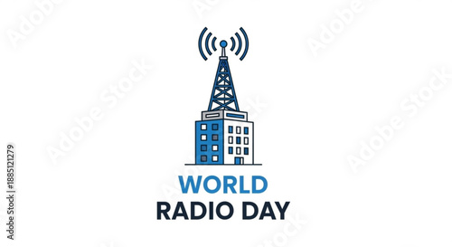 World radio day logo with radio tower and building on white background