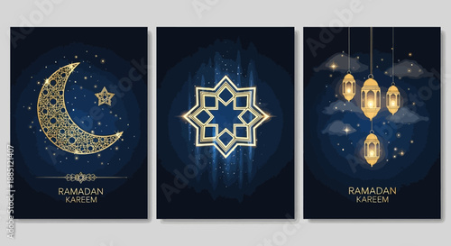 Three elegant dark blue and gold Islamic greeting cards featuring a crescent moon, geometric star, and lanterns for Ramadan Kareem celebration.