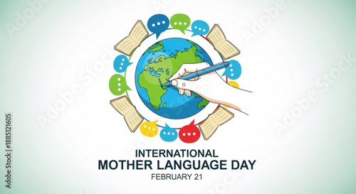 International mother language day illustration with globe speech bubbles and pencil february 21
