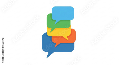 Colorful stacked speech bubbles for communication and dialogue on a white background for conversation and messaging concepts