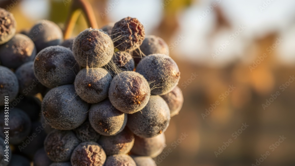 Naklejka premium Close-up of ripe grapes on a vine, showcasing natural textures and late harvest charm