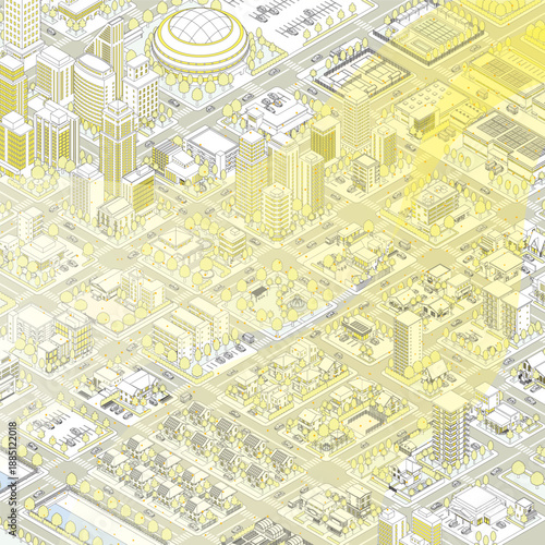 黄砂に覆われた霞んだ街並み. 街並みの立体図.