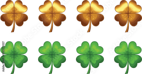 Four leaf clover collection set green and golden lucky shamrock symbols flat vector illustration isolated on white background