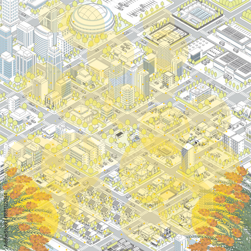 花粉が飛散する街並み. 街並みの立体図.