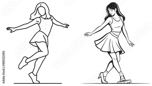 Synchronized female dance performers in trendy dresses for commercial entertainment branding and modern fashion apparel industry marketing resources.