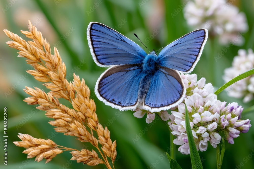 Fototapeta premium Common Blue butterfly resting on white clover flower