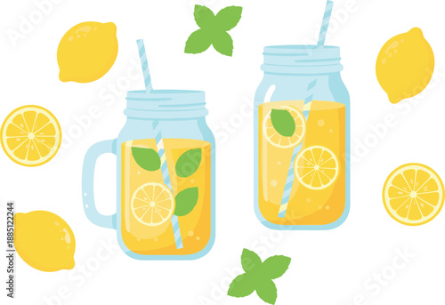 Fresh lemonade jars with lemon slices and mint refreshing summer drink flat vector illustration isolated