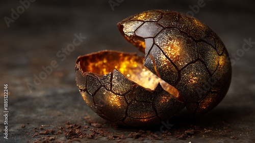 Mysterious glowing light emanating from a cracked luxury chocolate egg