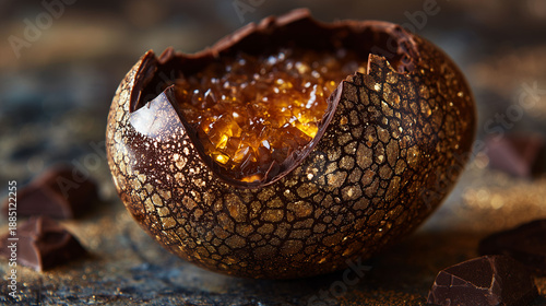 Luxury chocolate egg dessert filled with sparkling golden amber crystals
