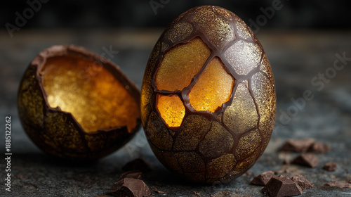 Realistic cracked dark chocolate egg with warm orange glow inside