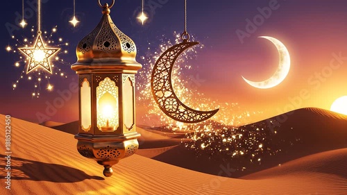 Ramadan celebration in desert at sunset with lantern and crescent moon
