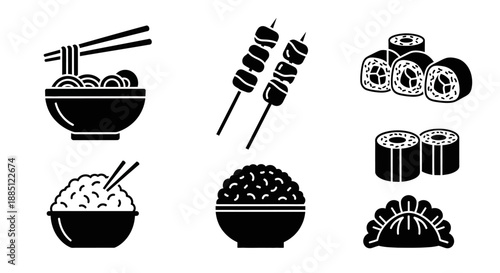 Collection of sushi rolls, skewered grilled meat, and bowls of rice with chopsticks