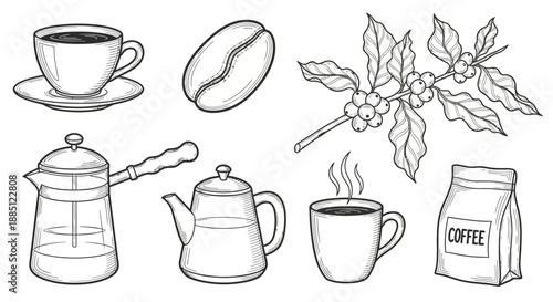 Collection of coffee-related items including a cup of coffee, coffee bean, holly branch, French press, kettle, steaming mug, and coffee packet