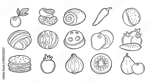 Collection of various fruits and a pastry, including berries, tropical and citrus fruits, vegetables, and a cookie