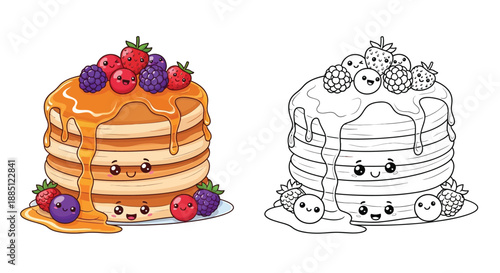 Kawaii Stack of Pancakes With Syrup and Berries Dual View Coloring Page for Food Lovers and Kids