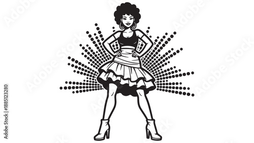 Professional retro female performer posing in front of disco halftone lights for creative entertainment industry and vintage fashion retail business branding resources.