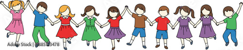Group of cartoon children holding hands, joyful unity illustration, friendship and happiness concept, colorful kids art, flat vector illustration