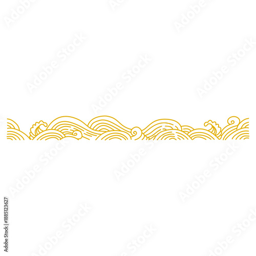 Stylized gold line art depicts a continuous border of rolling ocean waves against a white background.