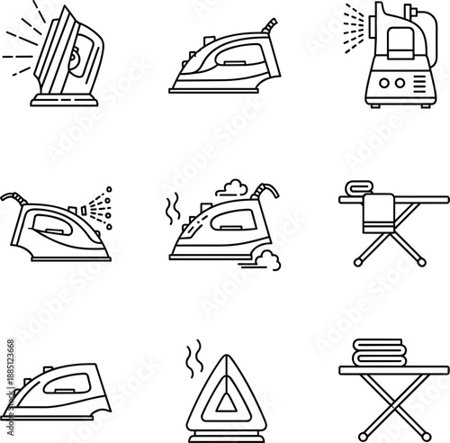 Set of line vector icons featuring electric steam irons garment steamer and ironing boards for laundry service domestic chores clothing care and home appliance concepts