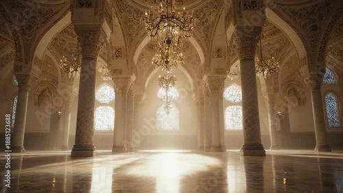 Sunlight streams through arched windows in a grand, ornate hall with columns and chandeliers, creating a warm atmosphere