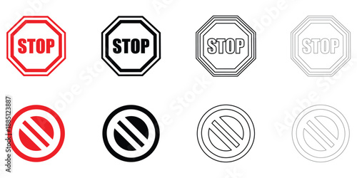 stop sign icon, warning sign, attention, prohibition, danger, alert, road sign vector, silhouette and line art