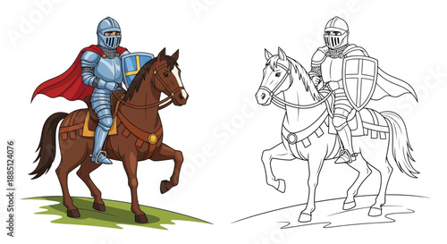 Medieval Knight in Full Armor Riding Horse With Shield Coloring Page for Historical Education