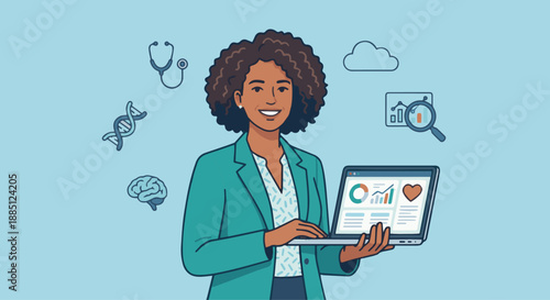 Friendly Health Data Scientist Portrait
A flat vector illustration of a friendly health data scientist smiling confidently, holding a tablet or laptop. Simple background with healthcare and data icons