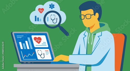 Health Data Scientist Analyzing Medical Data
A flat vector illustration of a health data scientist working on a laptop analyzing medical data. Charts, graphs, and health icons (heart, pulse) appear on
