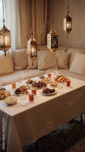 Traditional Middle Eastern iftar dinner setup in a cozy living room with lanterns