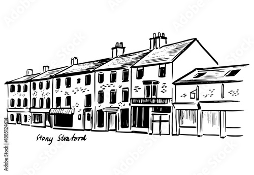 Ink sketch illustration of Stony Stratford in Milton Keynes United Kingdom, hand drawn black and white line art of historic street houses and town architecture for travel guides and books