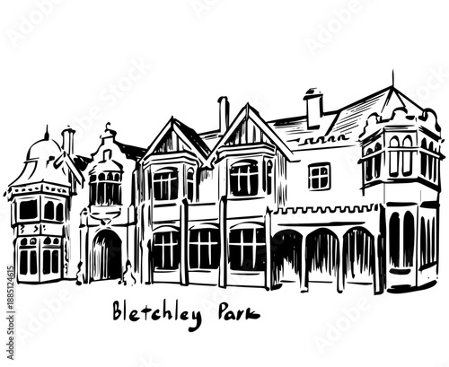 Ink sketch illustration of Bletchley Park in Milton Keynes United Kingdom, hand drawn monochrome line art of historic estate architecture for travel books, history posters and editorial illustration