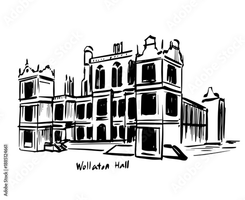 Ink sketch illustration of Wollaton Hall in Nottingham United Kingdom, hand drawn monochrome line art of grand historic hall architecture for travel books, heritage posters and editorial illustration