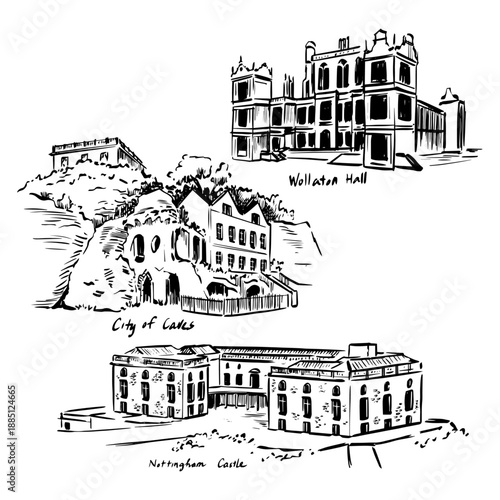 Ink sketch illustration of Nottingham United Kingdom featuring castle, historic buildings and city landmarks, hand drawn architectural line art in monochrome style for travel books, posters, tourism g