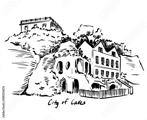 Ink sketch illustration of City of Caves in Nottingham United Kingdom, hand drawn black and white line art of historic underground caves and rock architecture for travel guides and editorial use
