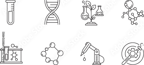 Science and laboratory line icon set featuring DNA molecule test tube biotechnology research and chemical experiment symbols for educational and medical design