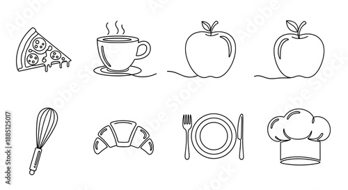 Collection of simple black and white line drawings depicting food, drink, and kitchen tools