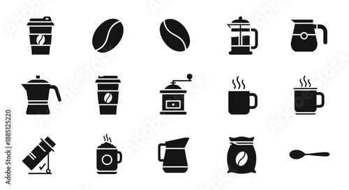 Collection of black coffee, tea, and related beverage icons on white background