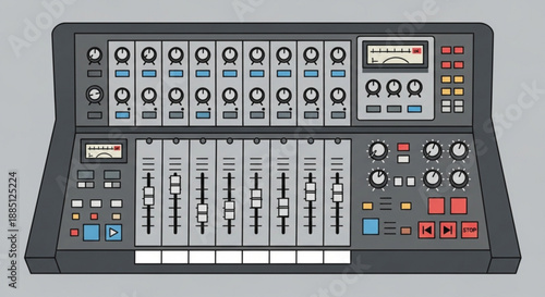 Professional audio mixing console with multiple channels and controls for sound engineering and music production