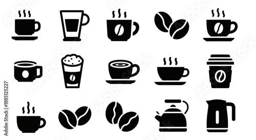 Collection of black and white icons featuring various beverage cups, mugs, glasses, and coffee beans