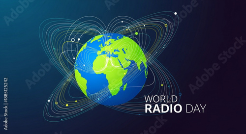 Globe with swirling lines celebrates world radio day on a dark blue background with green and blue continents