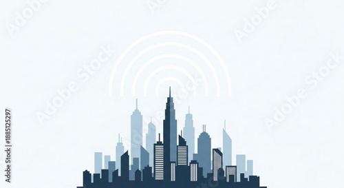 Modern city skyline with skyscrapers and urban landscape in shades of blue on a white background with a subtle gradient effect