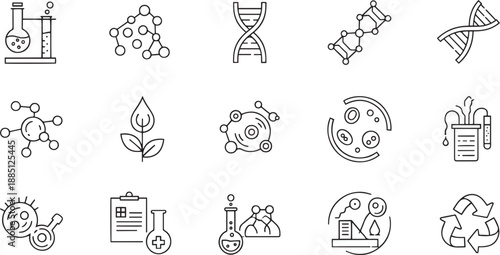 Biotechnology and Genetic Engineering Line Icon Set Science Laboratory Research DNA Helix Molecule and Biofuel Development Vector Illustration